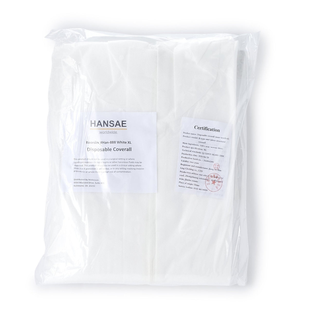 Hansae Large White Disposable Coverall With Hood #HAN-887 Case Of 50