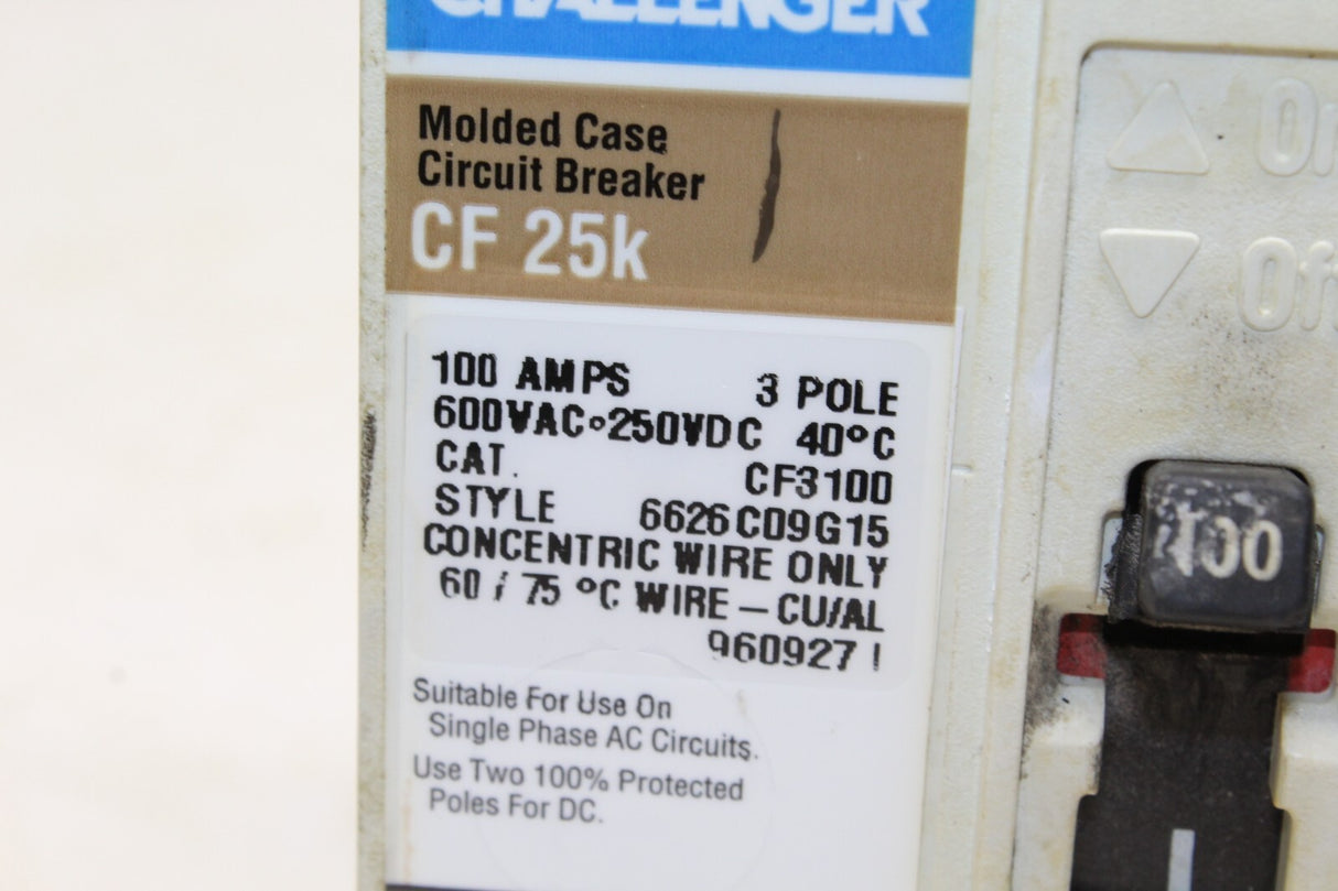 Challenger Circuit Breaker 100 Amp 3 Pole CF3100 CF 25K