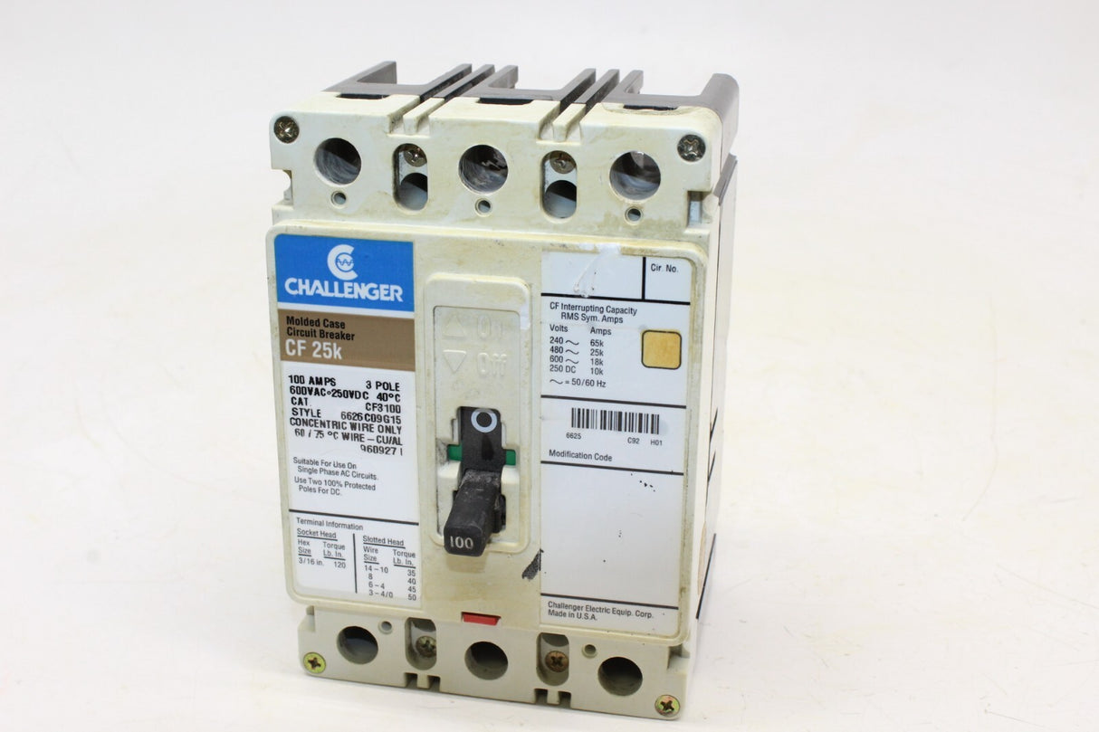 Challenger Circuit Breaker 100 Amp 3 Pole CF3100 CF 25K