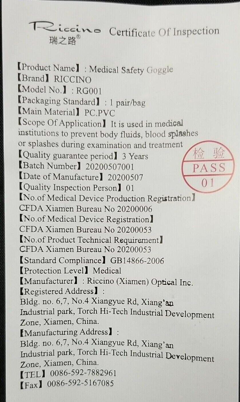 Riccino - Medical Safety Goggles Model-RG001 Lot Of 10