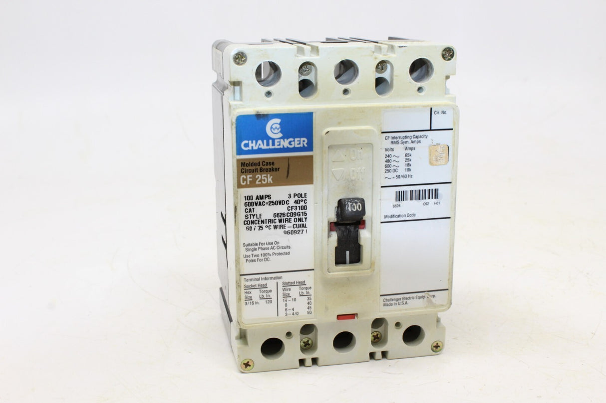 Challenger Circuit Breaker 100 Amp 3 Pole CF3100 CF 25K