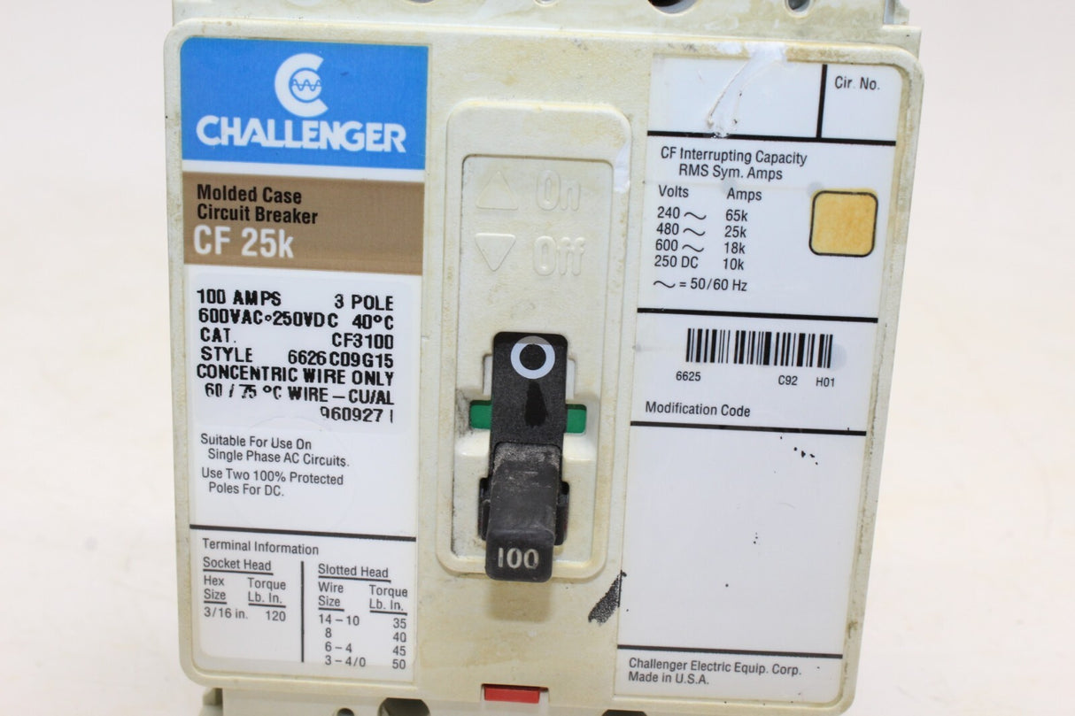Challenger Circuit Breaker 100 Amp 3 Pole CF3100 CF 25K