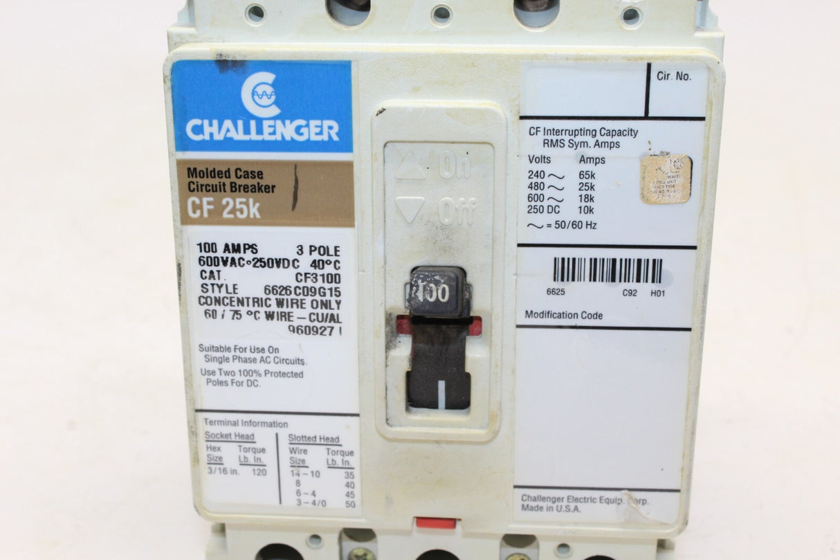 Challenger Circuit Breaker 100 Amp 3 Pole CF3100 CF 25K