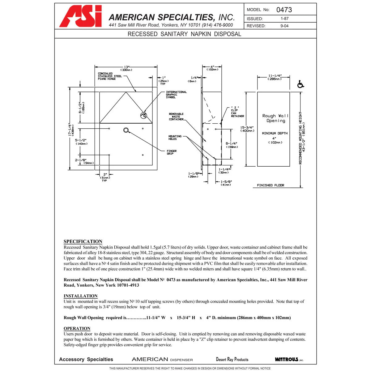 ASI 0473 Commercial Restroom Sanitary Napkin Disposal, Recessed-Mounted, Stainle