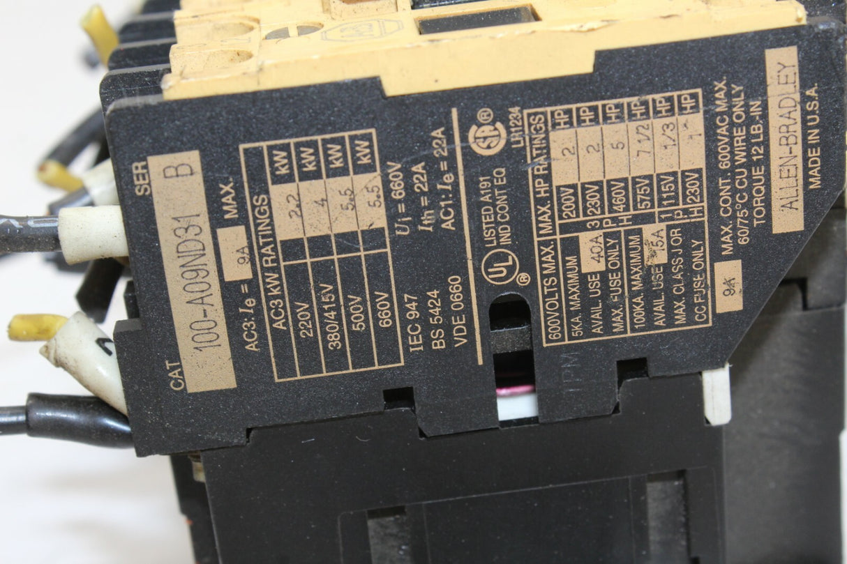 Allen-Bradley 100-A09ND31 Series B Contactor Motor Starter Assembly Lot