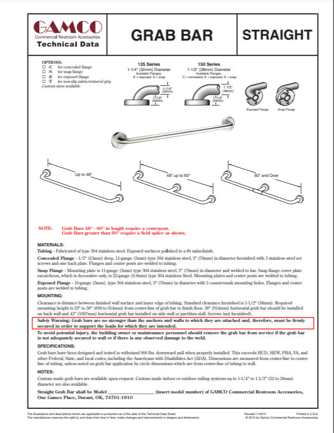 Gamco 125Sx36 Straight Grab Bar 1-1/4″ Od X 36″