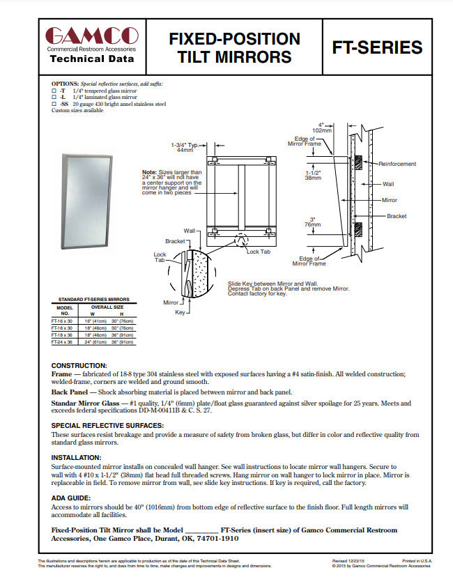 Gamco Ft-Series Fixed-Tilt Mirror 18Р В Р вЂ Р В РІР‚С™Р РЋРІР‚вЂњ X 36Р В Р вЂ Р В РІР‚С™Р РЋРІР‚вЂњ