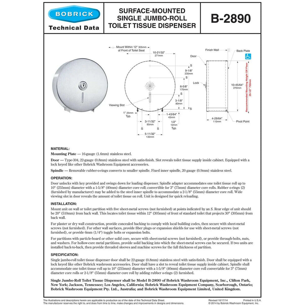 Bobrick B-2890 Commercial Toilet Paper Dispenser, Surface-Mounted, Stainless Ste