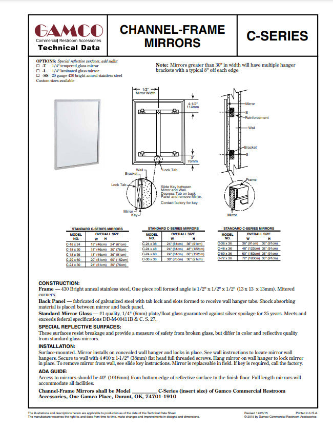 Gamco C-Series Channel Frame Mirror вЂ“ 18вЂі x 36вЂі