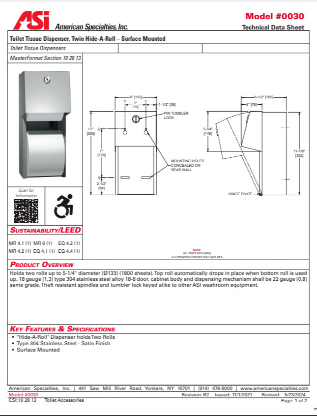 Asi Surface Mounted Dual Roll Toilet Tissue Dispenser 10-0030