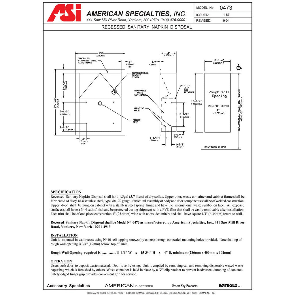 Asi 0473 Commercial Restroom Sanitary Napkin Disposal, Recessed-Mounted, Stainle