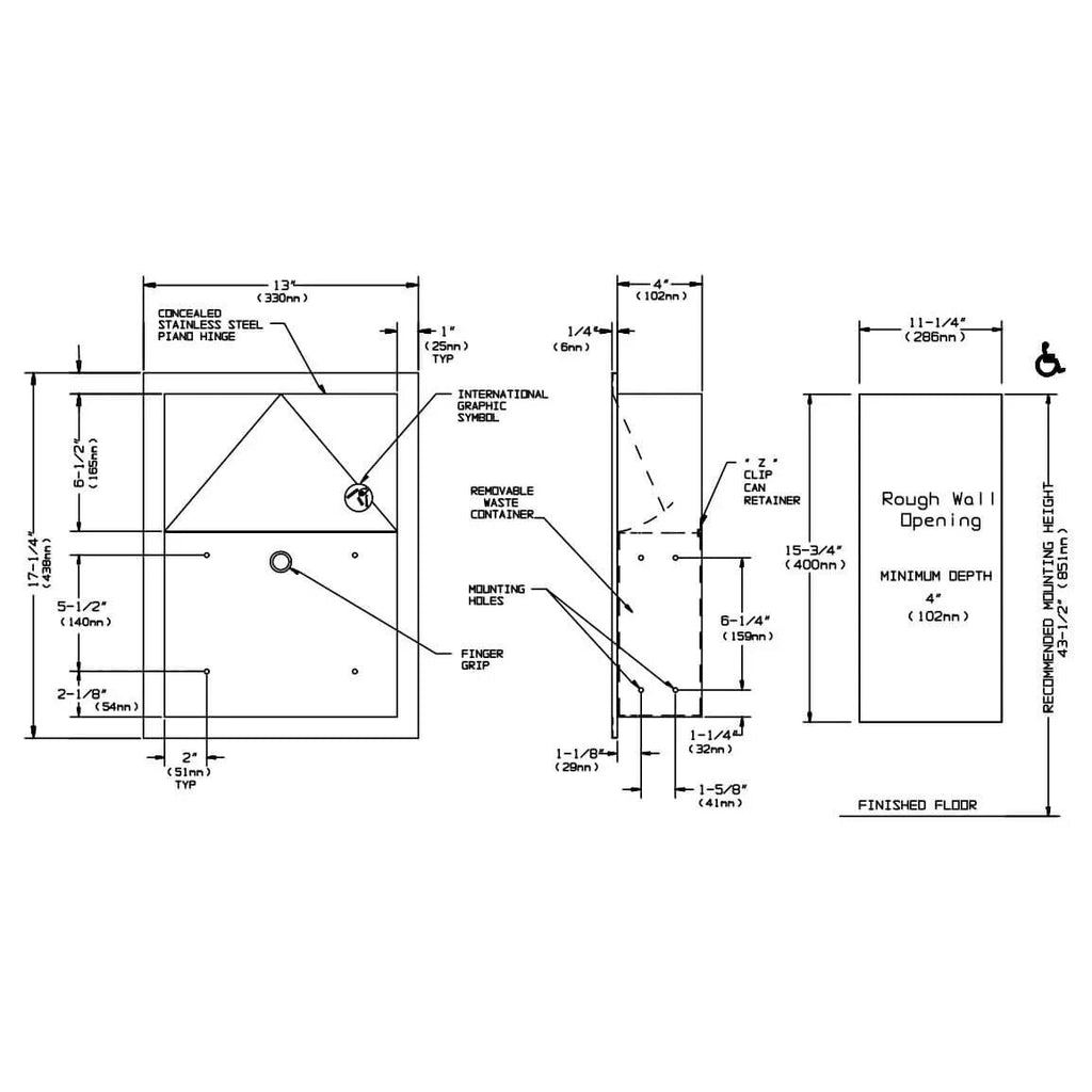 Asi 0473 Commercial Restroom Sanitary Napkin Disposal, Recessed-Mounted, Stainle