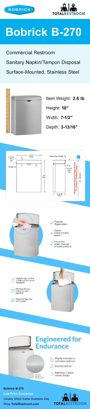 Bobrick B-270 Commercial Restroom Sanitary Napkin/Tampon Disposal, Surface-Mount