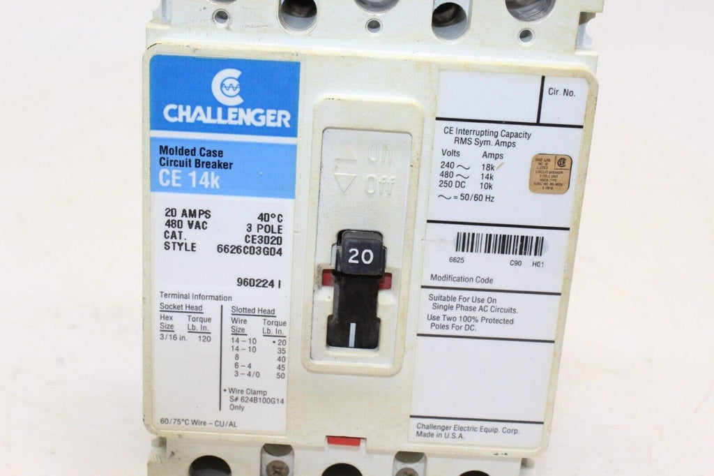 Challenger Circuit Breaker 20 Amps 3 Pole 480 Vac Ce3020 Ce 14k - Gold River Motorsports