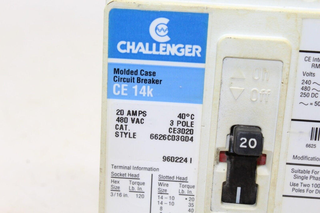 Challenger Circuit Breaker 20 Amps 3 Pole 480 Vac Ce3020 Ce 14k - Gold River Motorsports