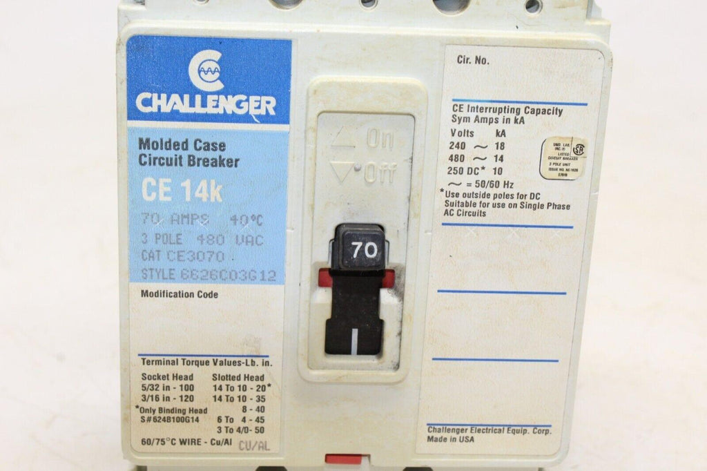 Challenger Circuit Breaker 70 Amp 3 Pole 480 Vac Ce 14k - Gold River Motorsports