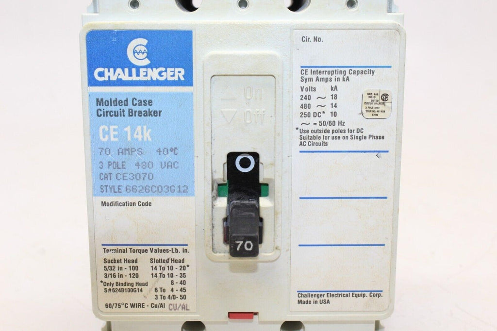 Challenger Circuit Breaker 70 Amp 3 Pole 480 Vac Ce 14k - Gold River Motorsports